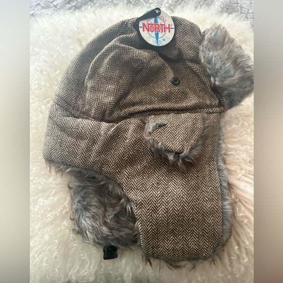 Brown and Gray Winter Hat with Faux Fur Ear Flaps - Picture 1 of 4